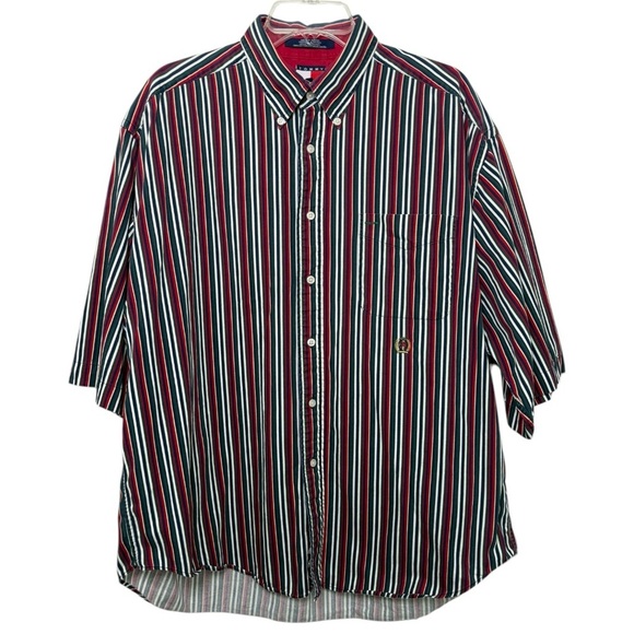 Vintage 90s Striped Button Down Shirt Sz XL Navy Red Green Preppy Tommy Hilfiger - Picture 6 of 7
